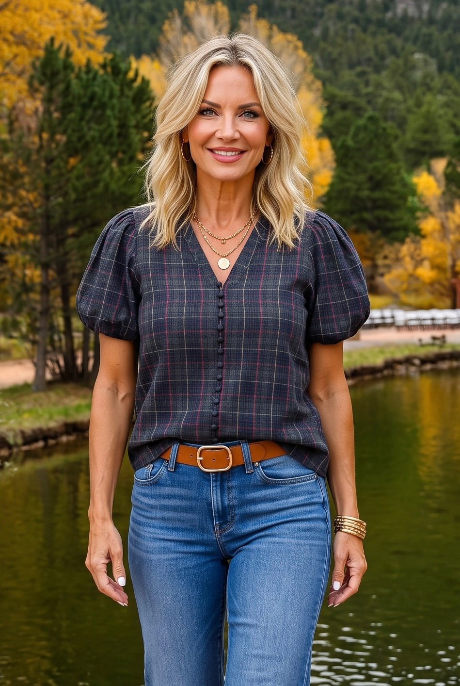 Leonie Plaid Puff Sleeve Blouse : Navy