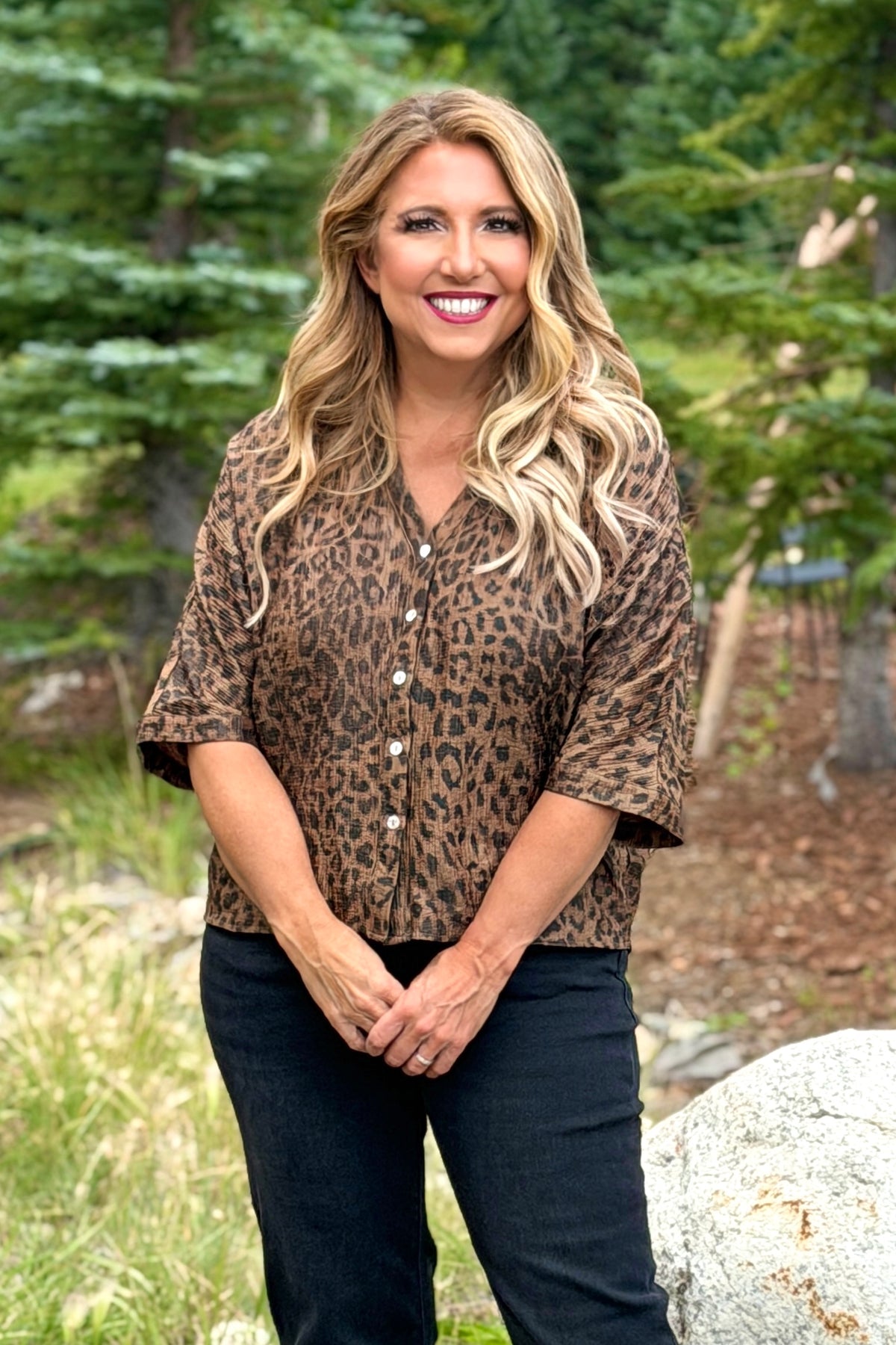 Alanna Button Down Animal Print Top : Brown
