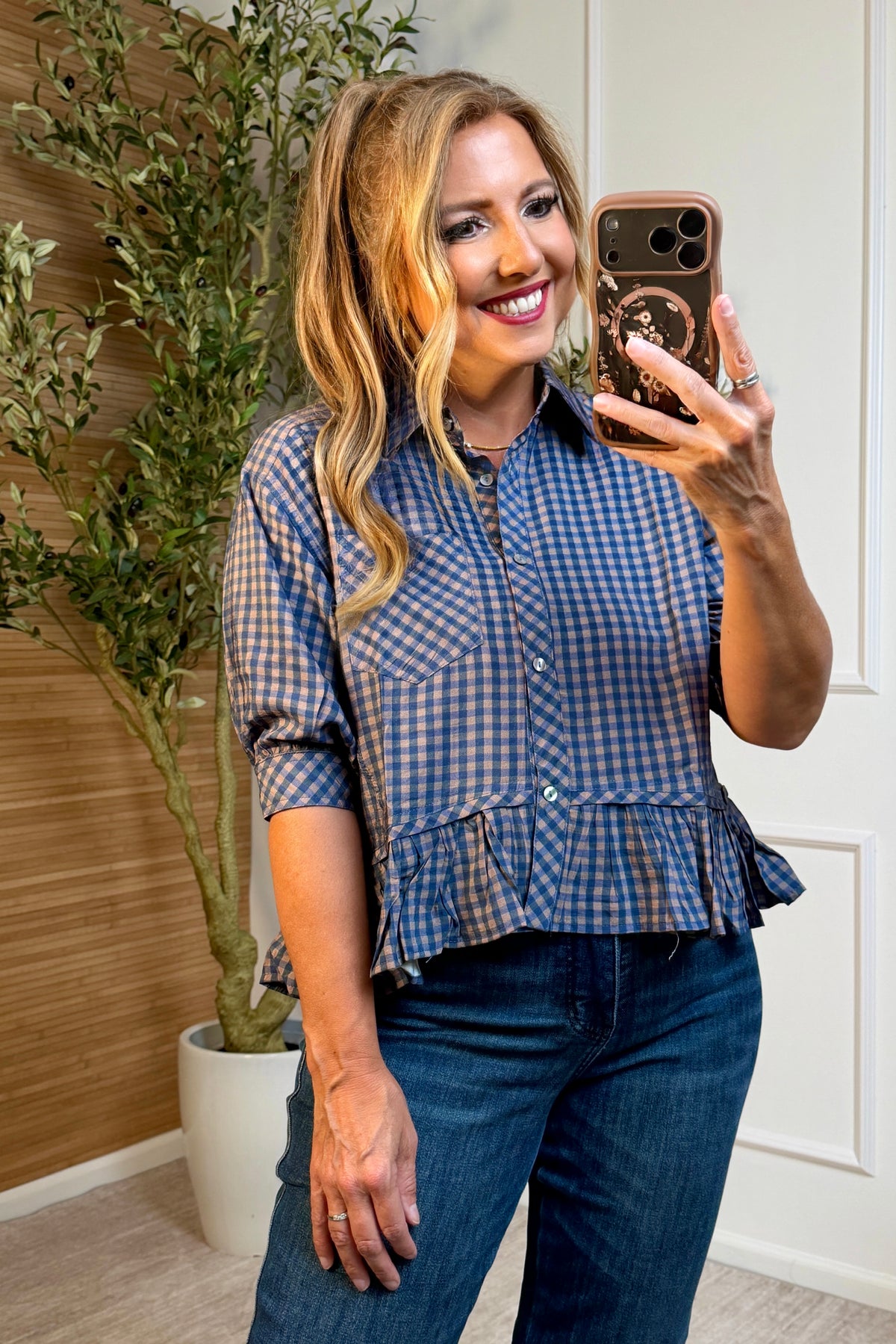 Evelina Plaid Collared Top : Navy
