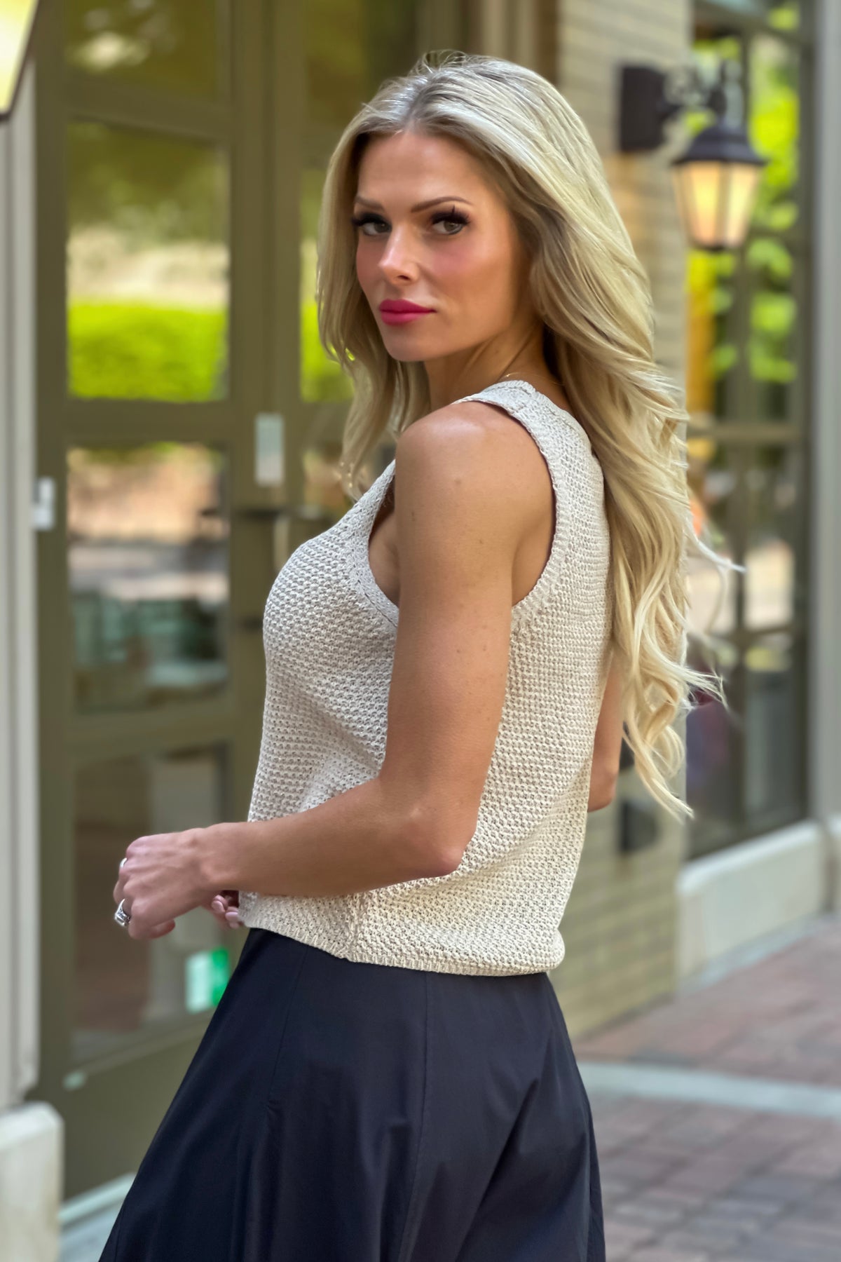 Oceana Subtle Shimmer Crochet Knit Tank : Natural