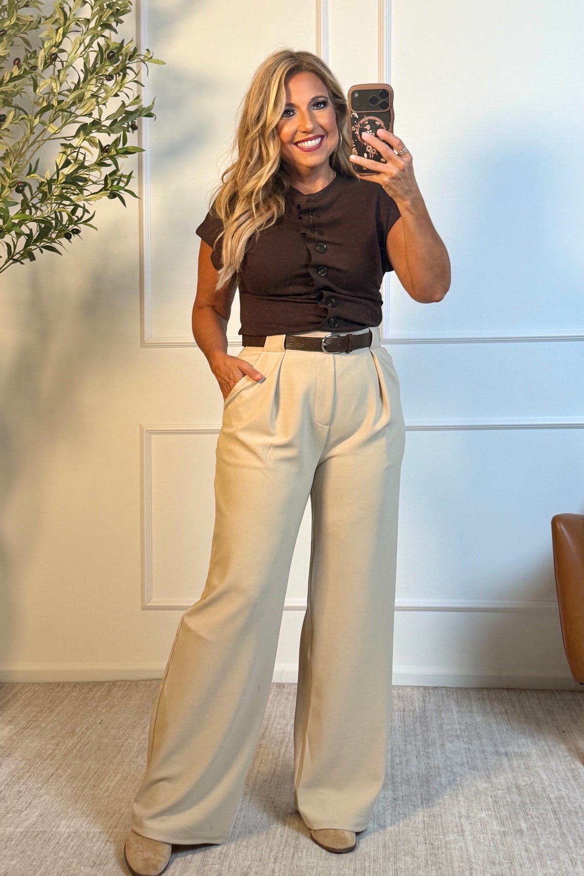 Kavya Button Down Cap Sleeve Top : Brown