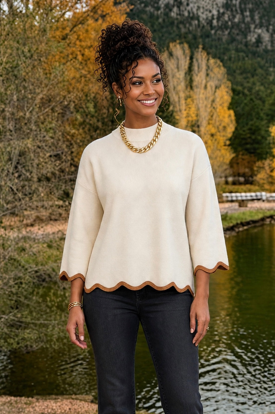 Eleni Scallop Edge Mock Neck Sweater : Cream/Camel