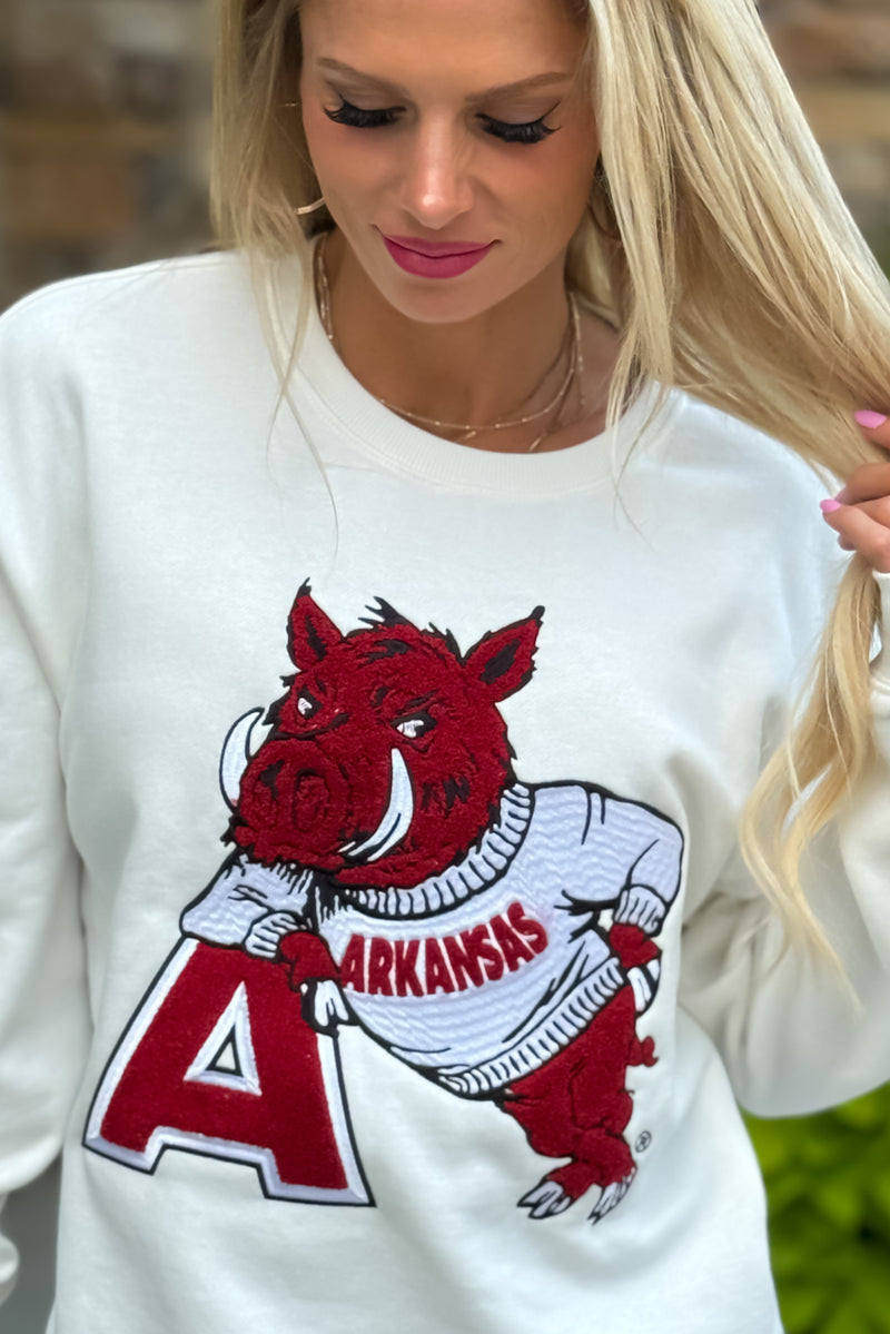 Arkansas Mascot Chenille Crew : White