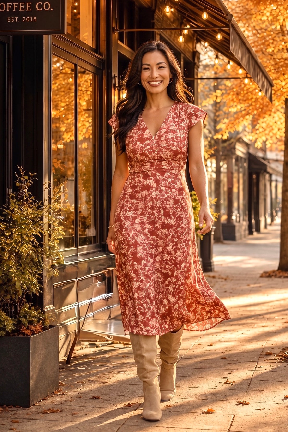 Iggy Ruched V-Neck Midi Dress : Wine/Dusty Rose