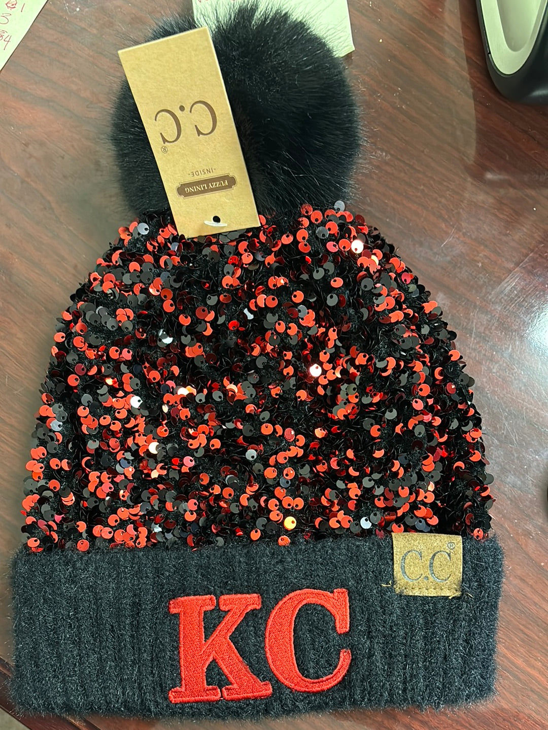 KC CC Fleece Lined Sequin Pom Beanie : Black/Red