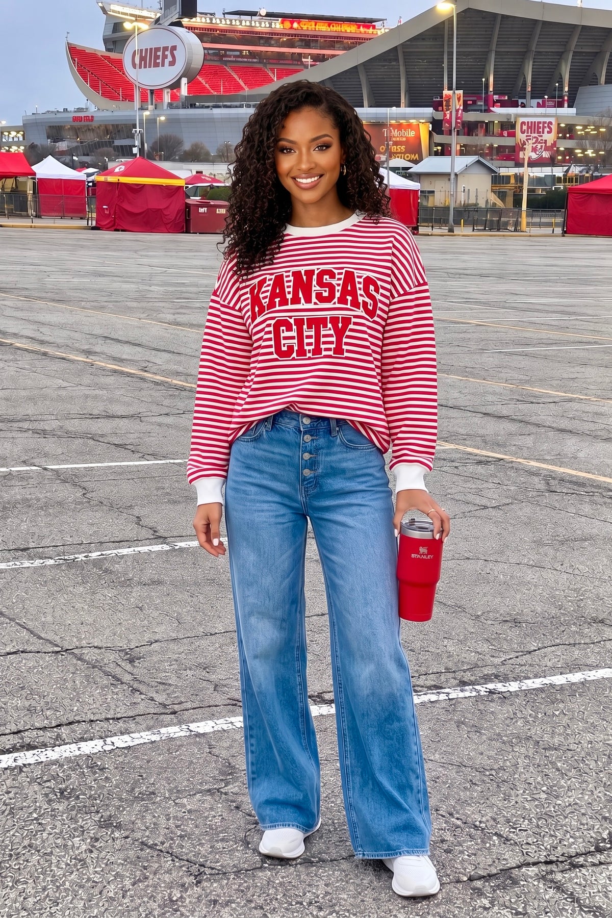 Kansas City Striped Crew Neck Lightweight Sweatshirt : Red