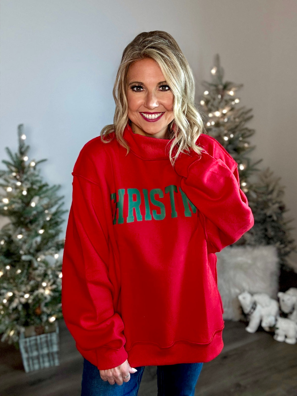 Belle Oversized Mock Neck Christmas Pullover : Red