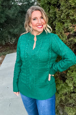 Blissful Blessings Split Neck Cable Knit Sweater : Hunter Green