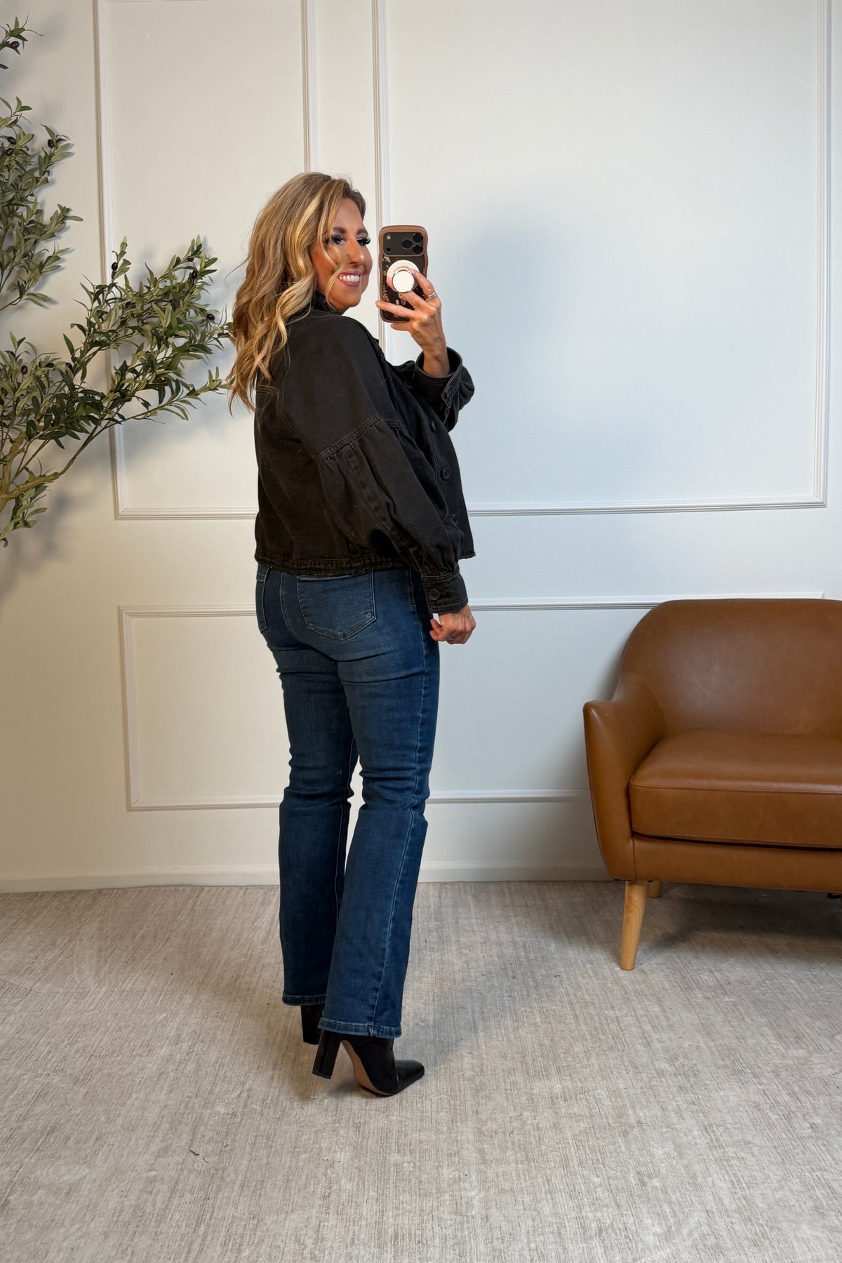 Junia Puff Long Sleeve Denim Jacket : Black