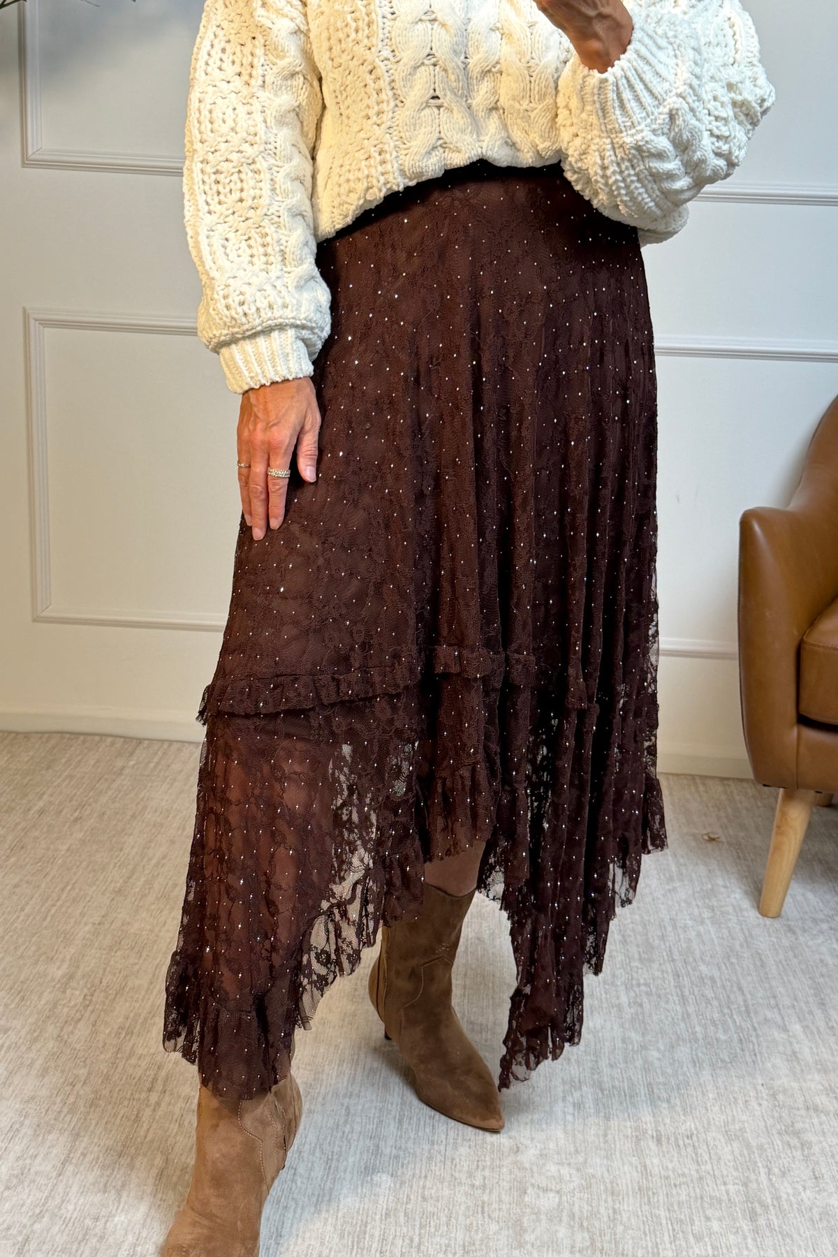 Nina Tiered All Lace Skirt : Brown