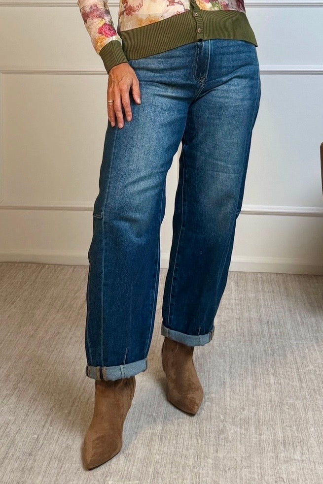 Risen Morley High Rise Barrel Cuffed Jeans : Dark