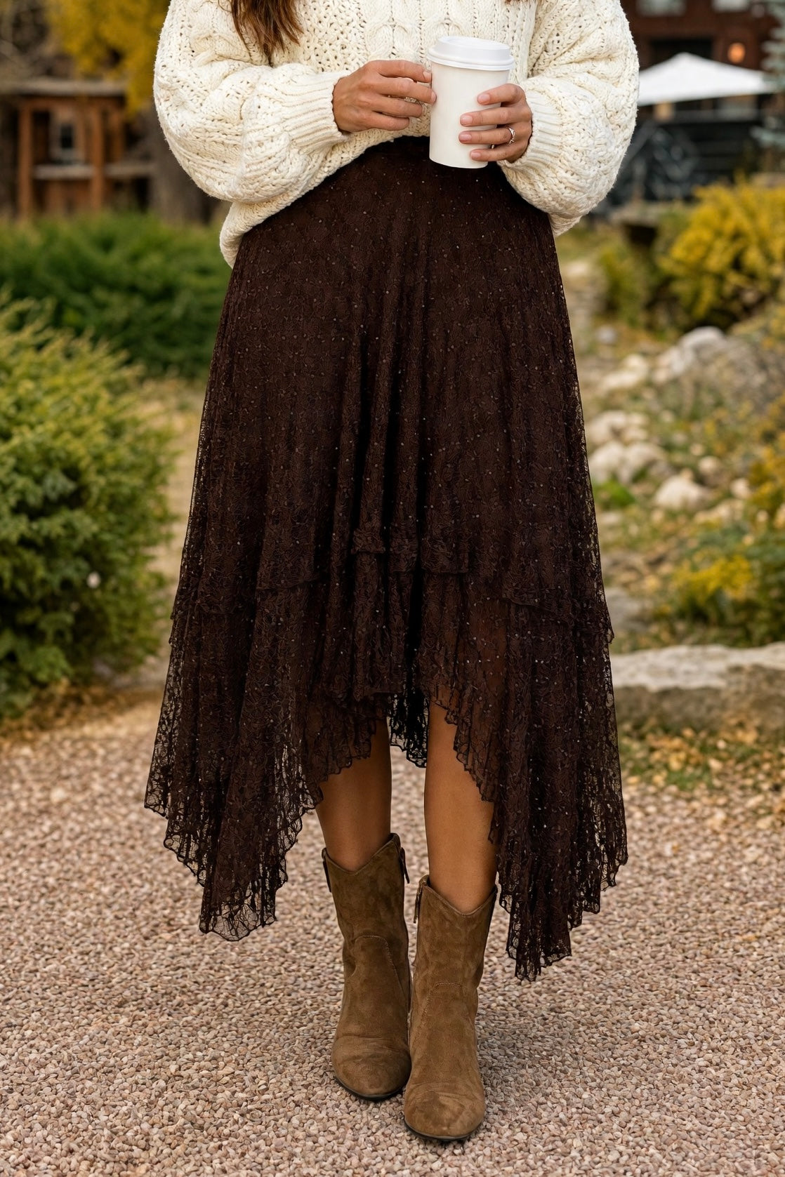 Nina Tiered All Lace Skirt : Brown