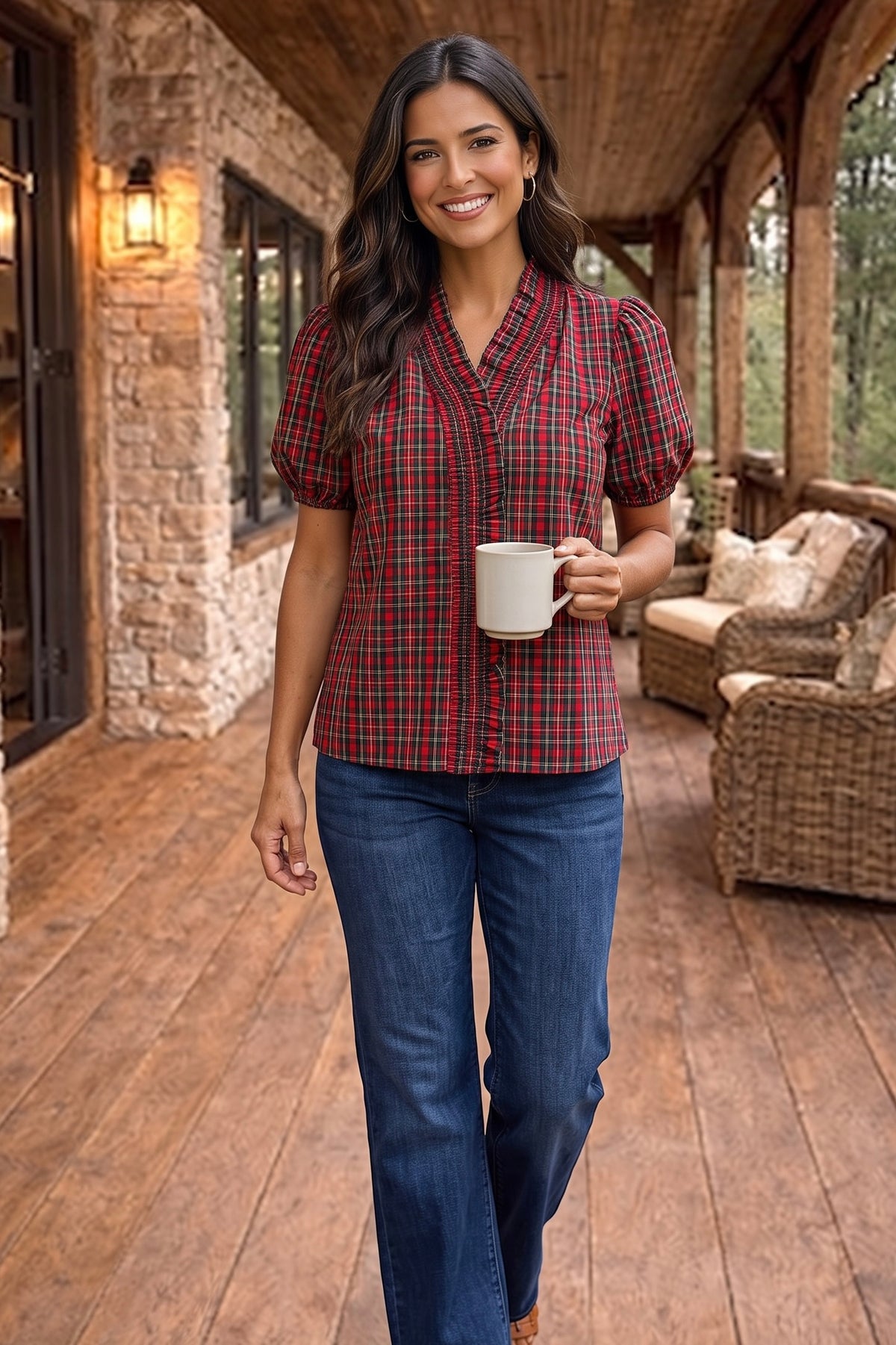 Linnet V-Neck Plaid Top : Red