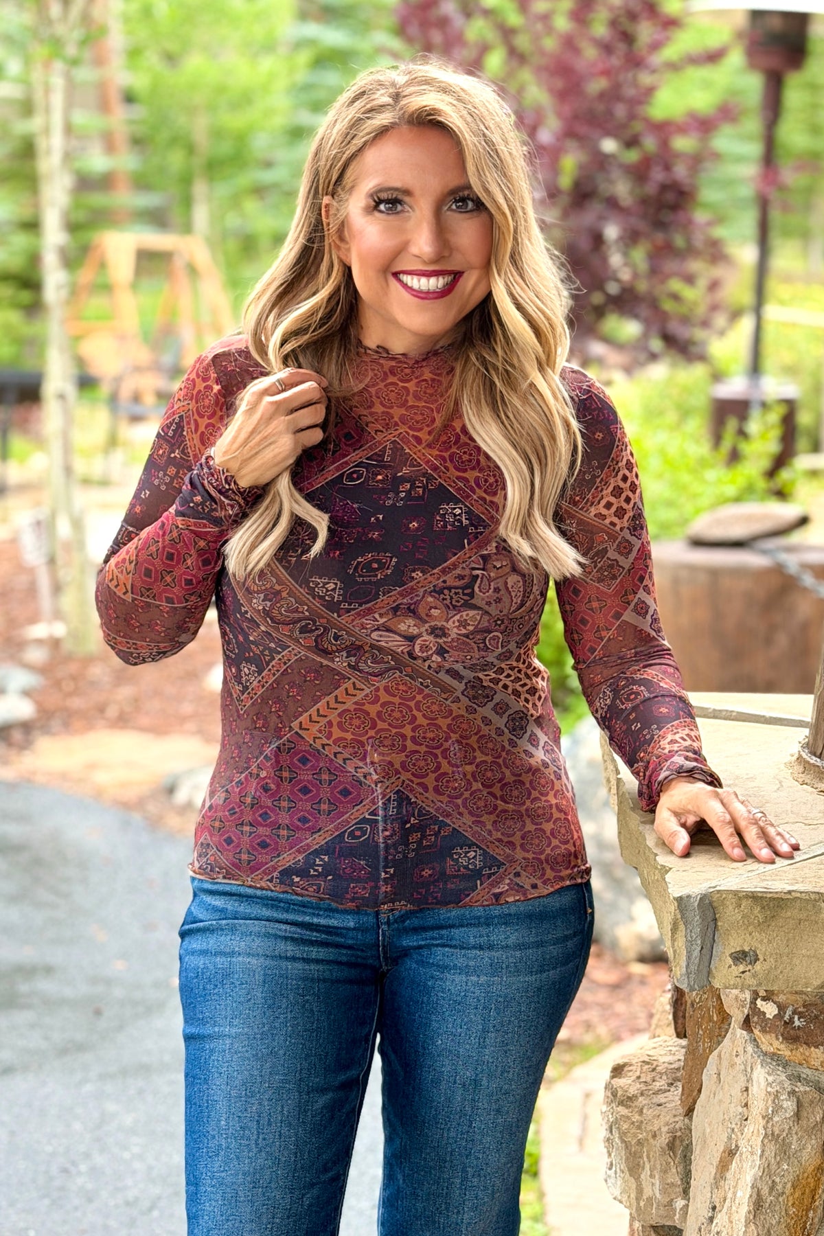 Erna Mosaic Print Mesh Top : Brown Multi