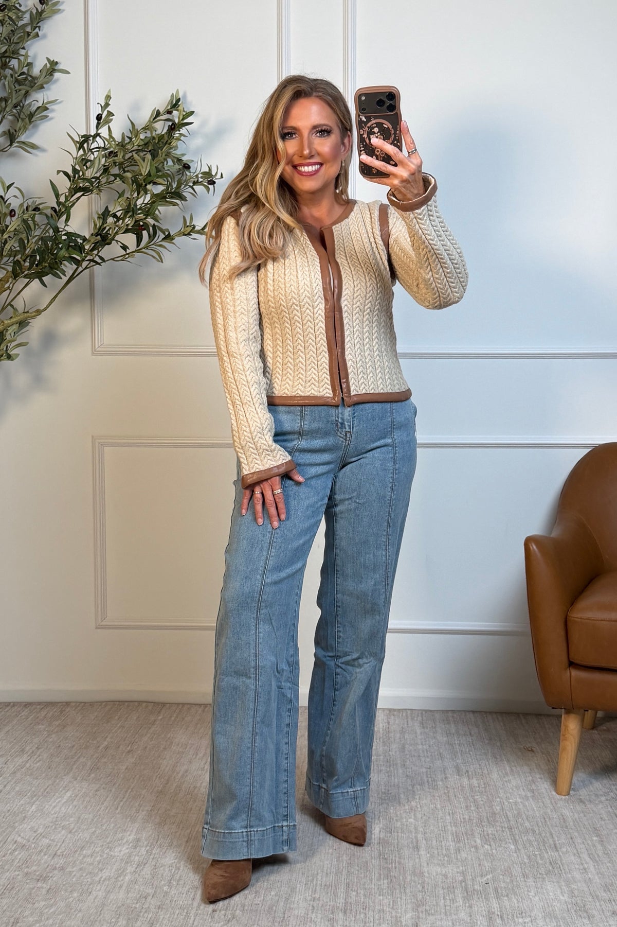 Starla Faux Leather Trim Cable Knit Jacket : Beige