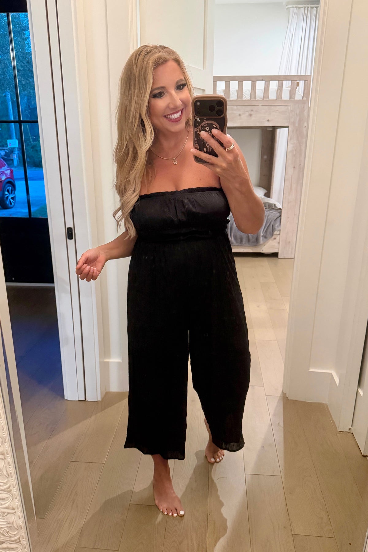 Amelie Silky Bamboo Texture Ruched Jumpsuit : Black