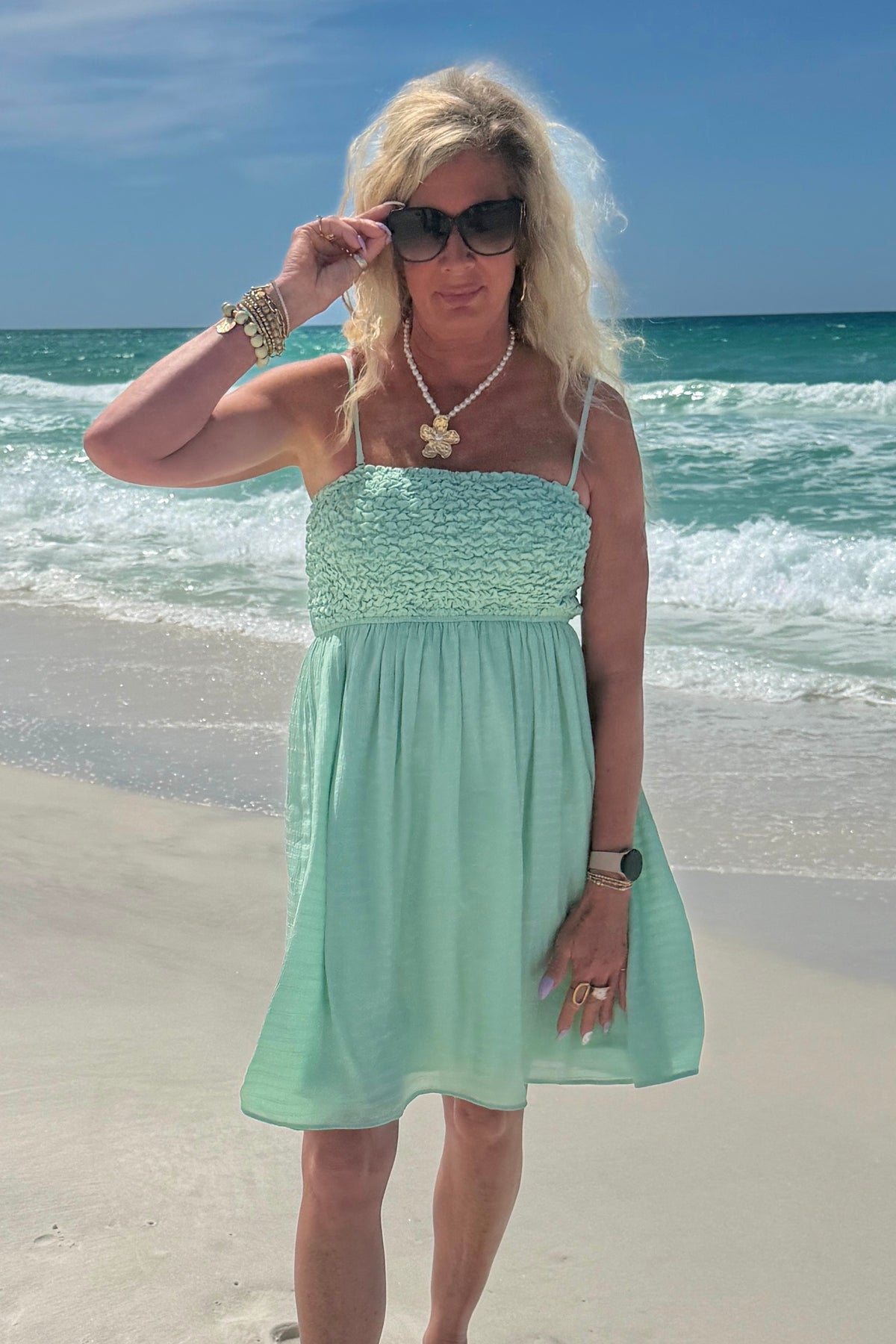 Carter Popcorn Smocked Dress : Sage