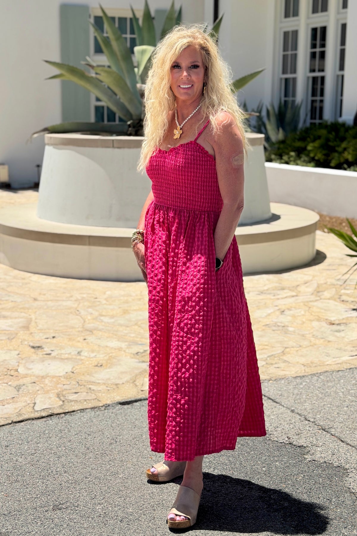 Haven Sleeveless Gingham Print Long Dress : Cherry