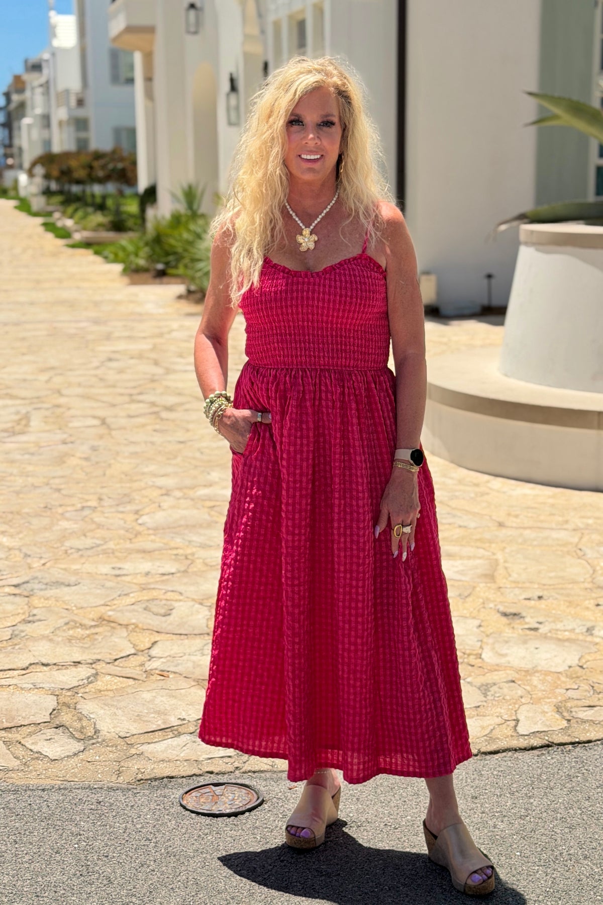 Haven Sleeveless Gingham Print Long Dress : Cherry