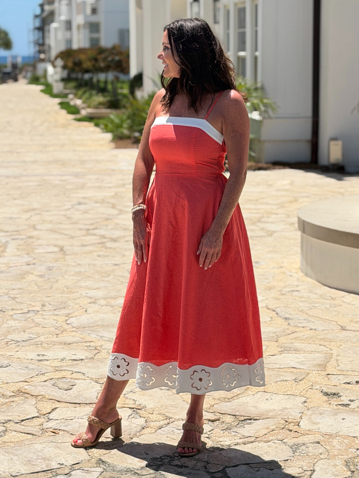 Chasity Flower Embroidery Midi Dress : Orange/Off White