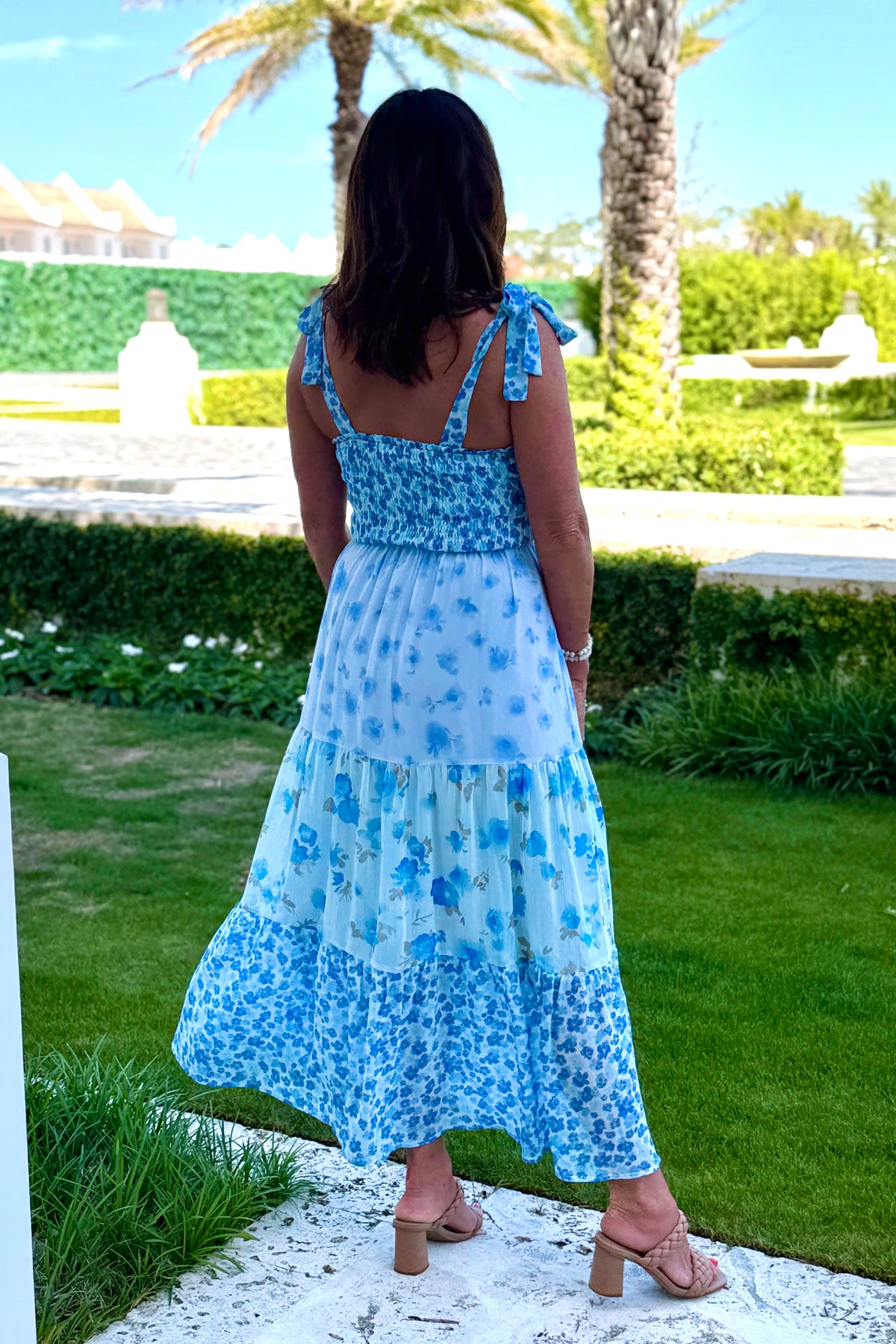 Andrielle Tied Strap Smocked Top Tiered Long Dress : Ocean Blue