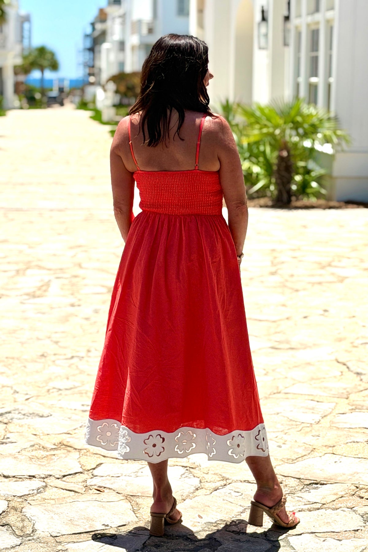 Chasity Flower Embroidery Midi Dress : Orange/Off White