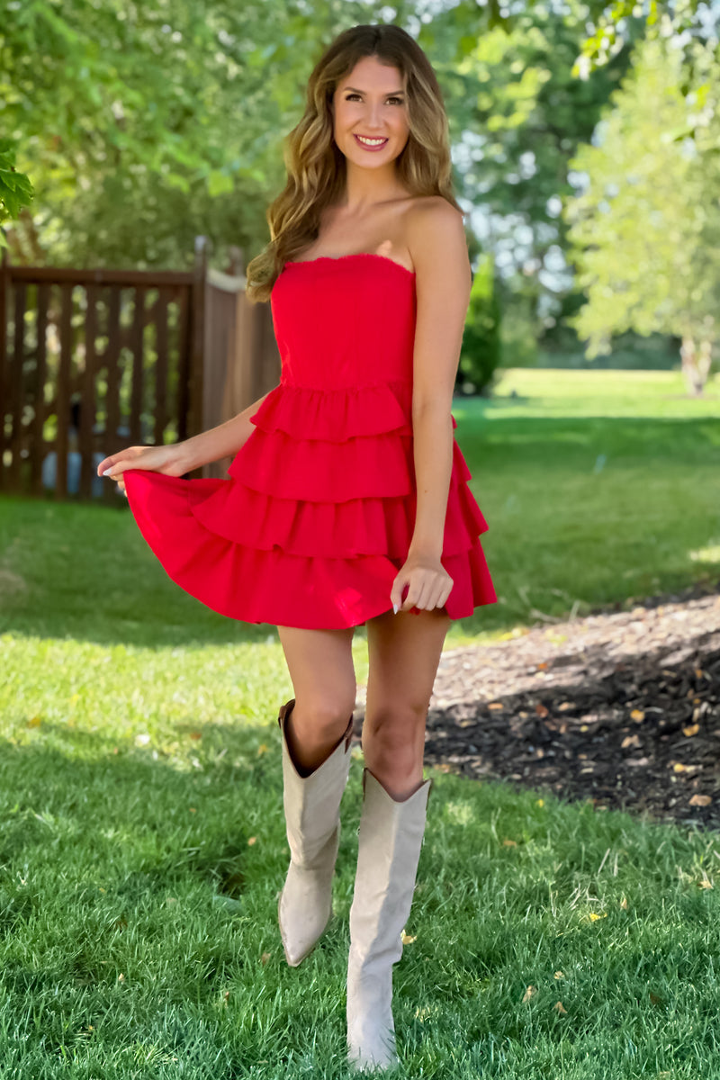 Angela Ruffle Layered Dress : Red