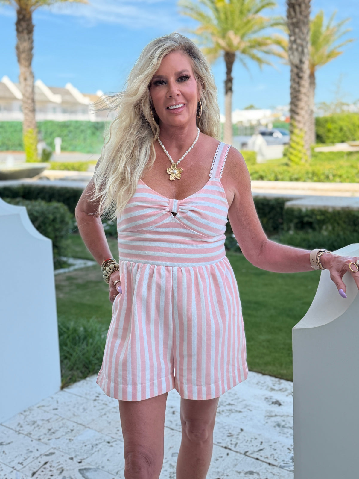Jayleen Sleeveless Striped Romper : Pink Blush