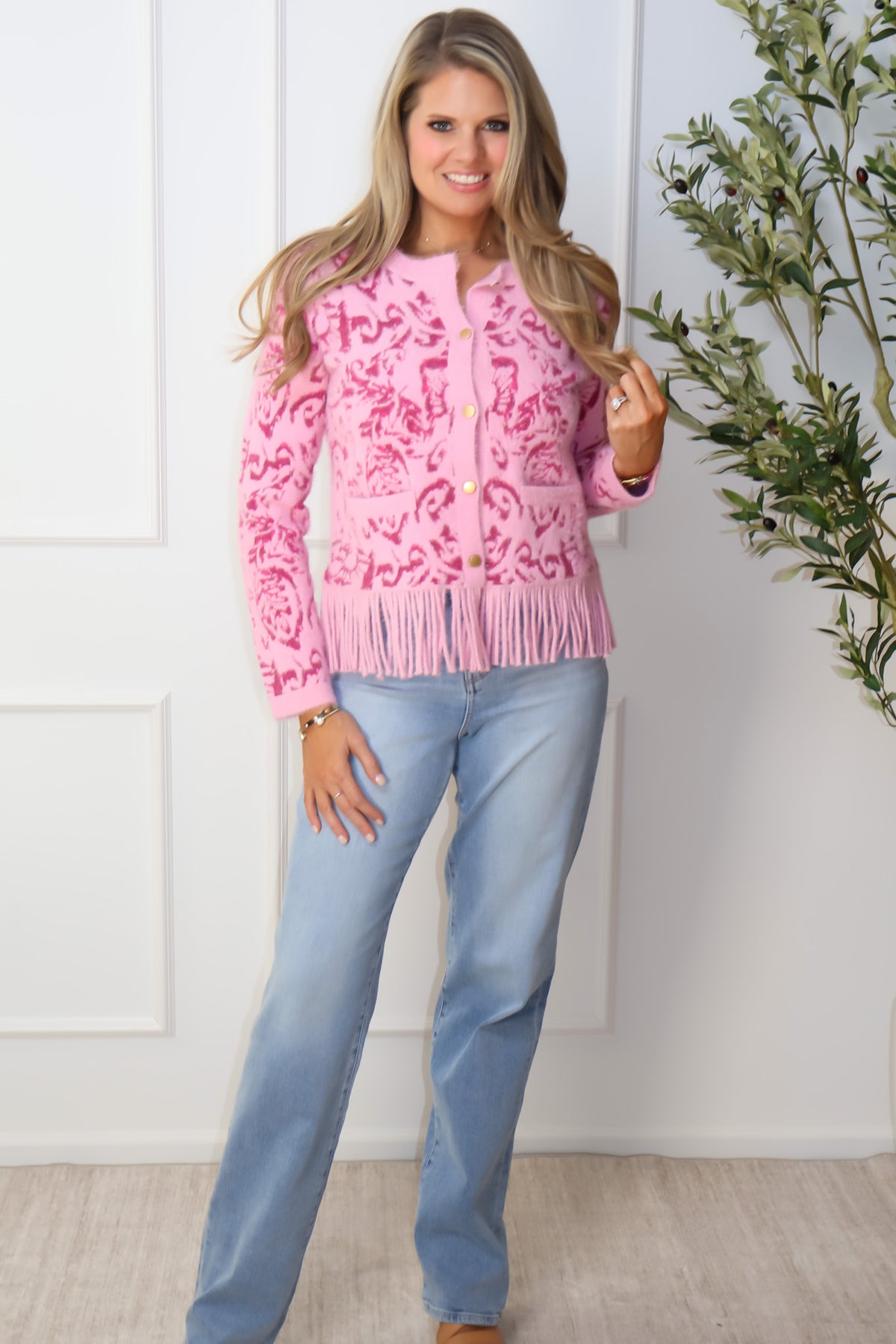 Zaire Jacquard Patterned Cardigan With Hem Fringe : Pink
