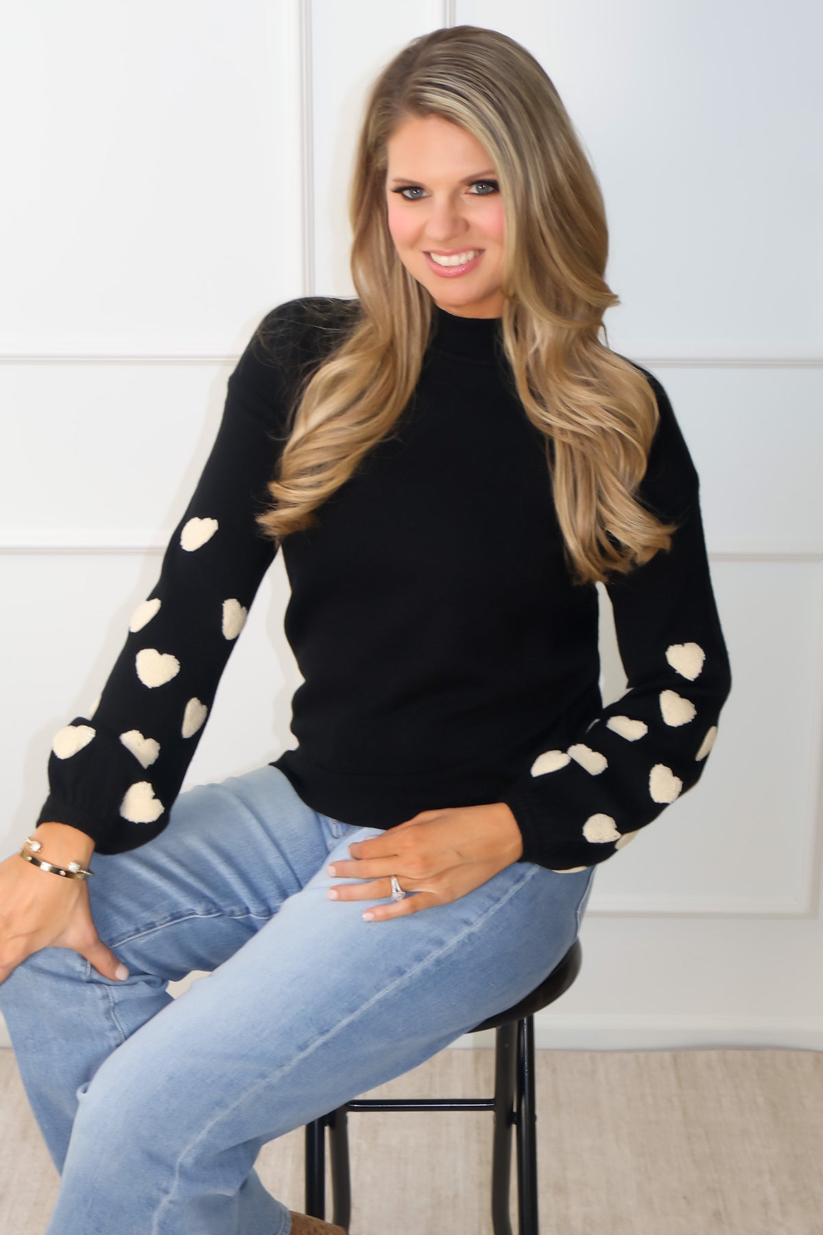 Charlie B Edwina Mock Neck Sweater With Hearts On Sleeves : Black