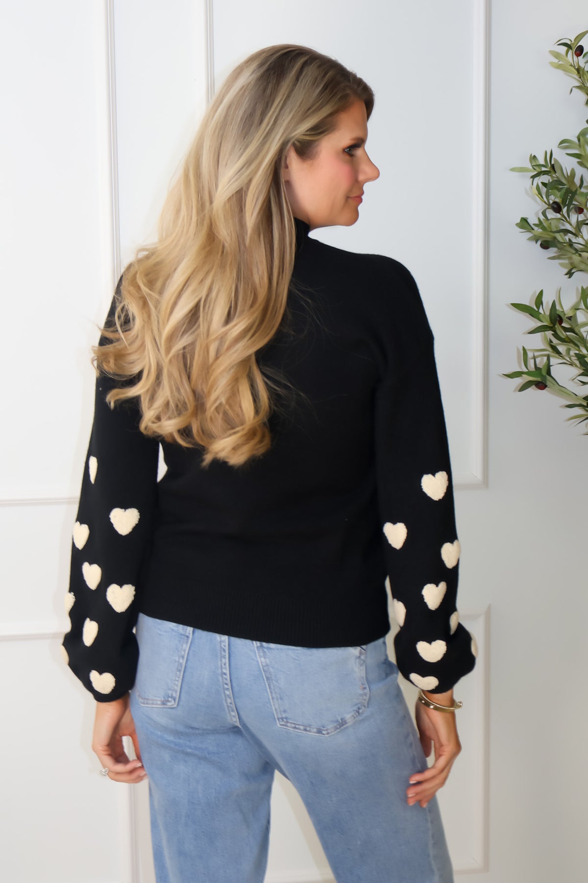 Charlie B Edwina Mock Neck Sweater With Hearts On Sleeves : Black