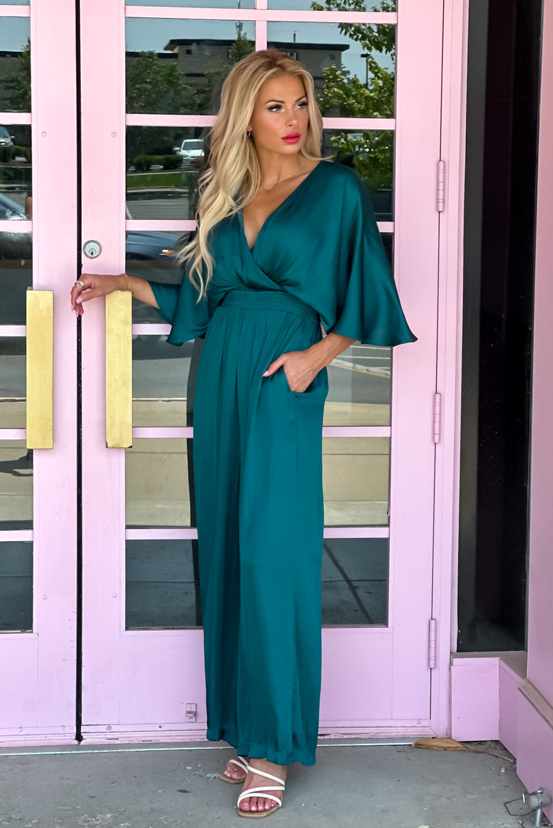Keep It Classy Wide Leg Surplus Flowy Jumpsuit : Emerald Green