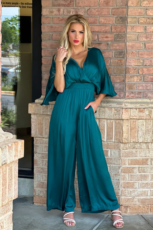 Keep It Classy Wide Leg Surplus Flowy Jumpsuit : Emerald Green