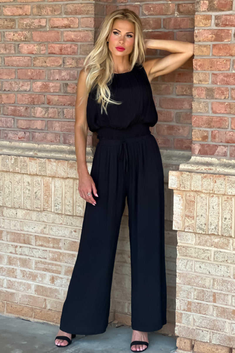 Date Night Feels Smocked Waist Tank/Pant Set : Black