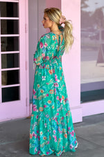 Romantic Strolls Double V Tie Back Maxi Dress : Green Floral