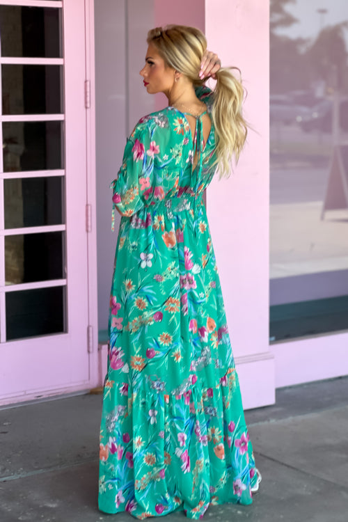 Romantic Strolls Double V Tie Back Maxi Dress : Green Floral