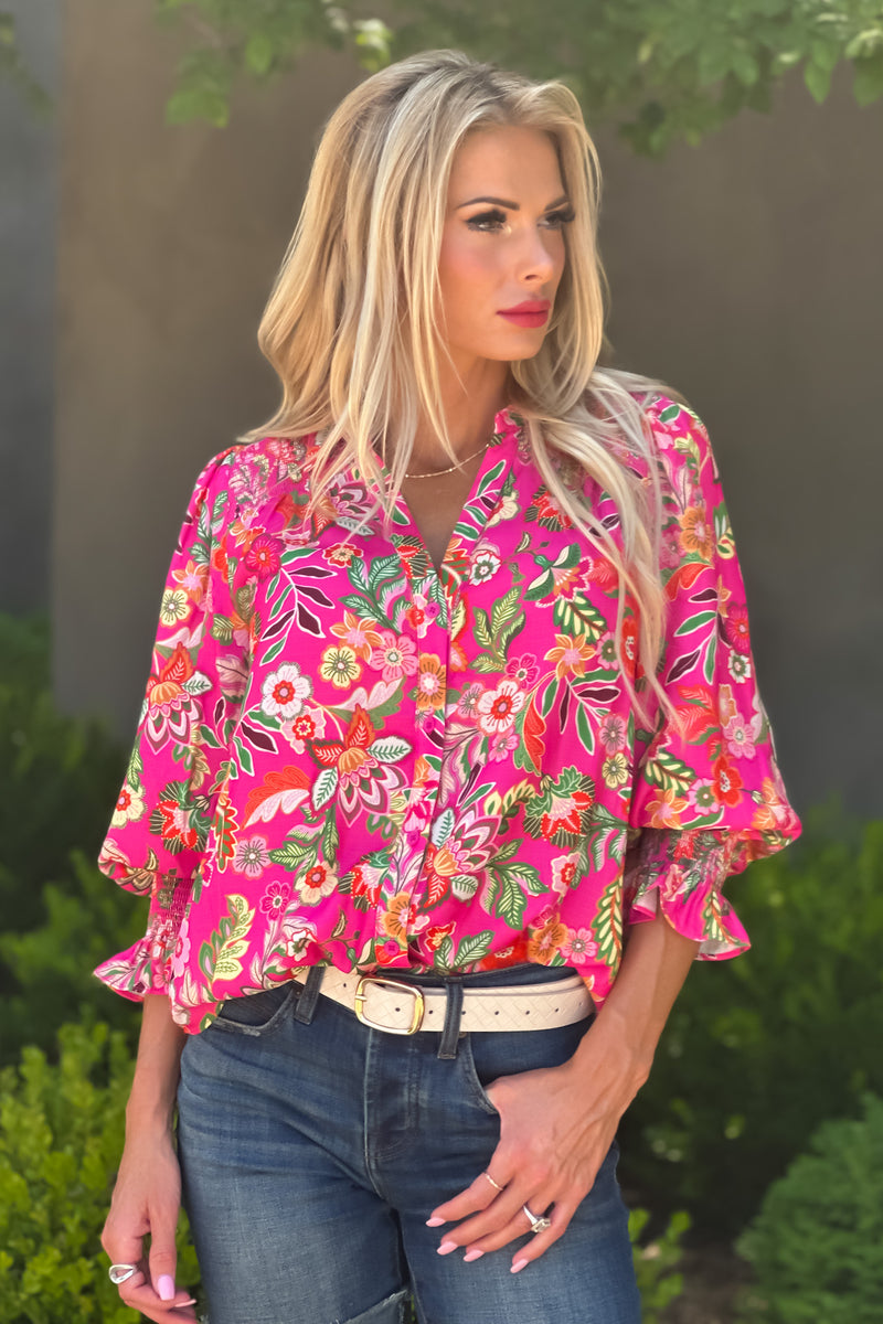 Botanical Thoughts Smocked Button Down Blouse : Pink Floral
