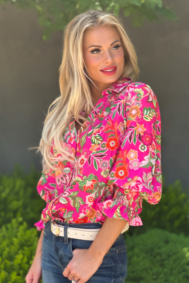 Botanical Thoughts Smocked Button Down Blouse : Pink Floral