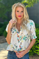 English Garden Linen Smocked Puff Sleeved Top : Natural Floral