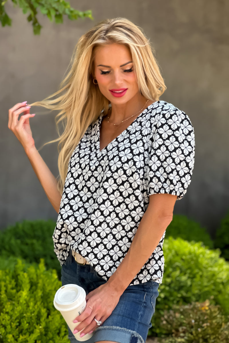Perfect Path Puff Sleeve Flare Top : Black/White