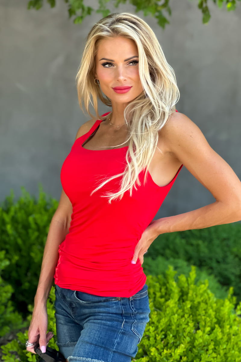 Sweet Perfection Square Neck Ruched Tank : Red