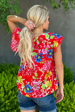 Floral Fantasy Lace Trim Ruffle Sleeve Top : Red Floral