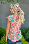 Brunch It Is Pleated Flutter Sleeve Top : Coral/Green