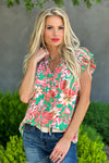 Brunch It Is Pleated Flutter Sleeve Top : Coral/Green