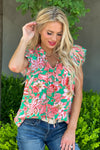 Brunch It Is Pleated Flutter Sleeve Top : Coral/Green