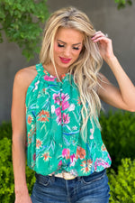 Sweet Moments Bubble Waist Halter Top : Green Floral