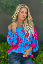 Feeling Elated 3/4 Puff Sleeve Blouse : Blue/Pink
