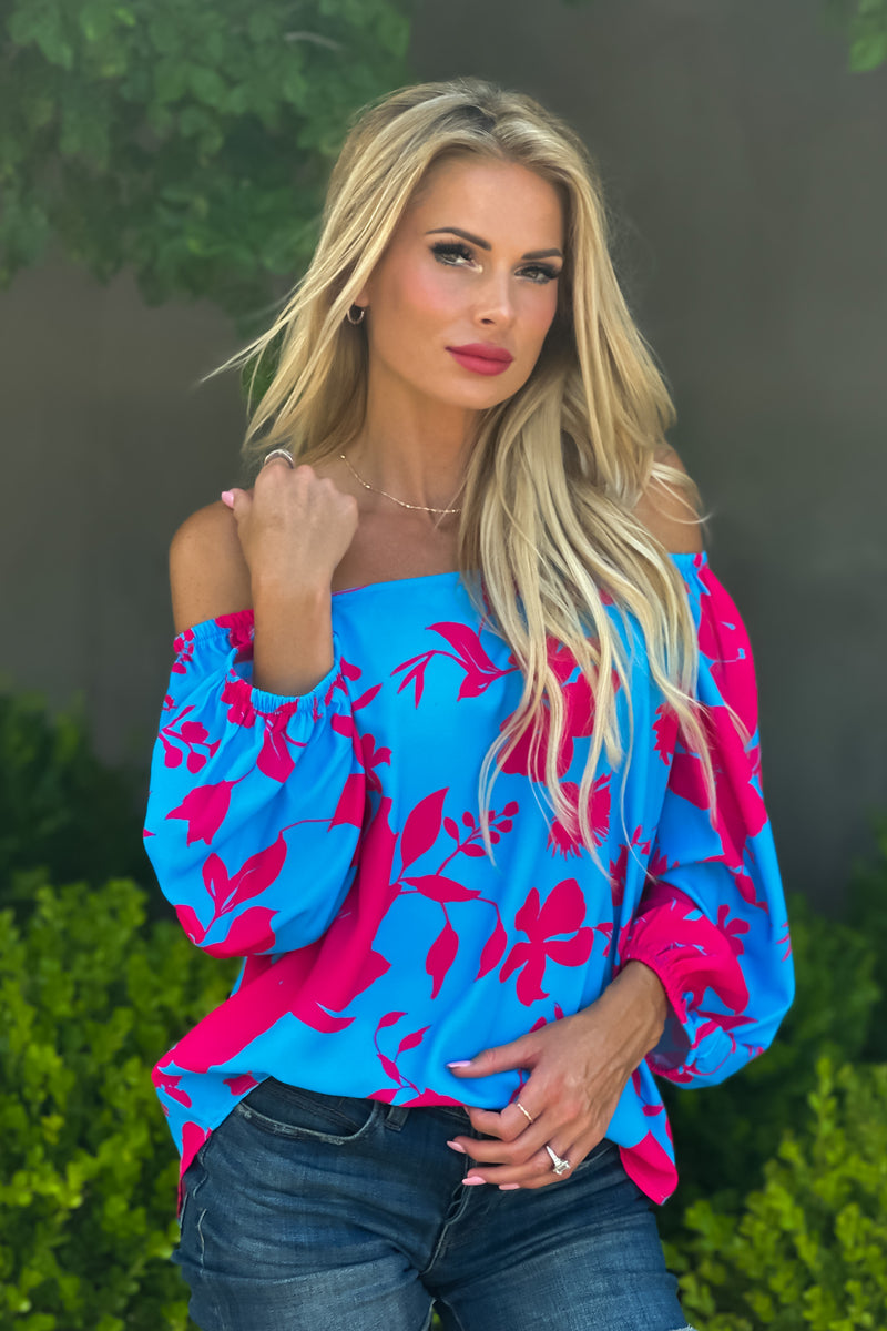 Feeling Elated 3/4 Puff Sleeve Blouse : Blue/Pink