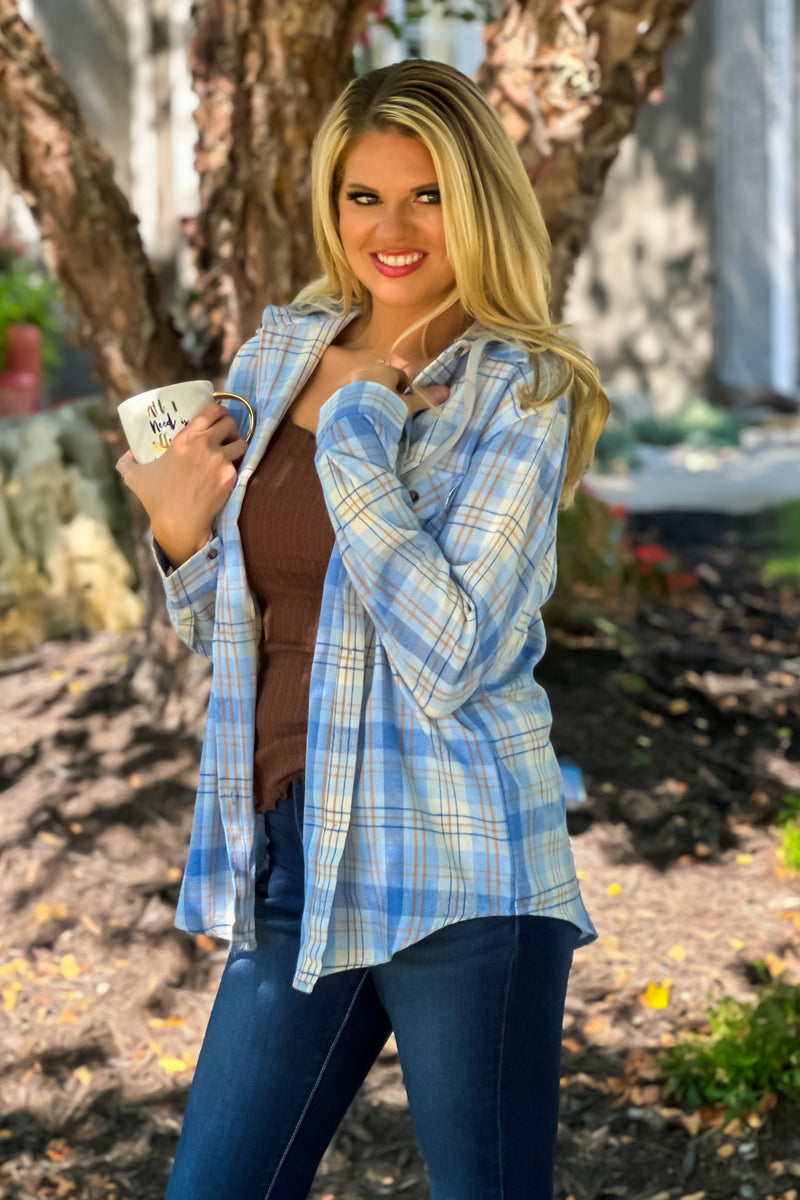 Fall Traditions Plaid Removable Hood Flannel : Light Blue