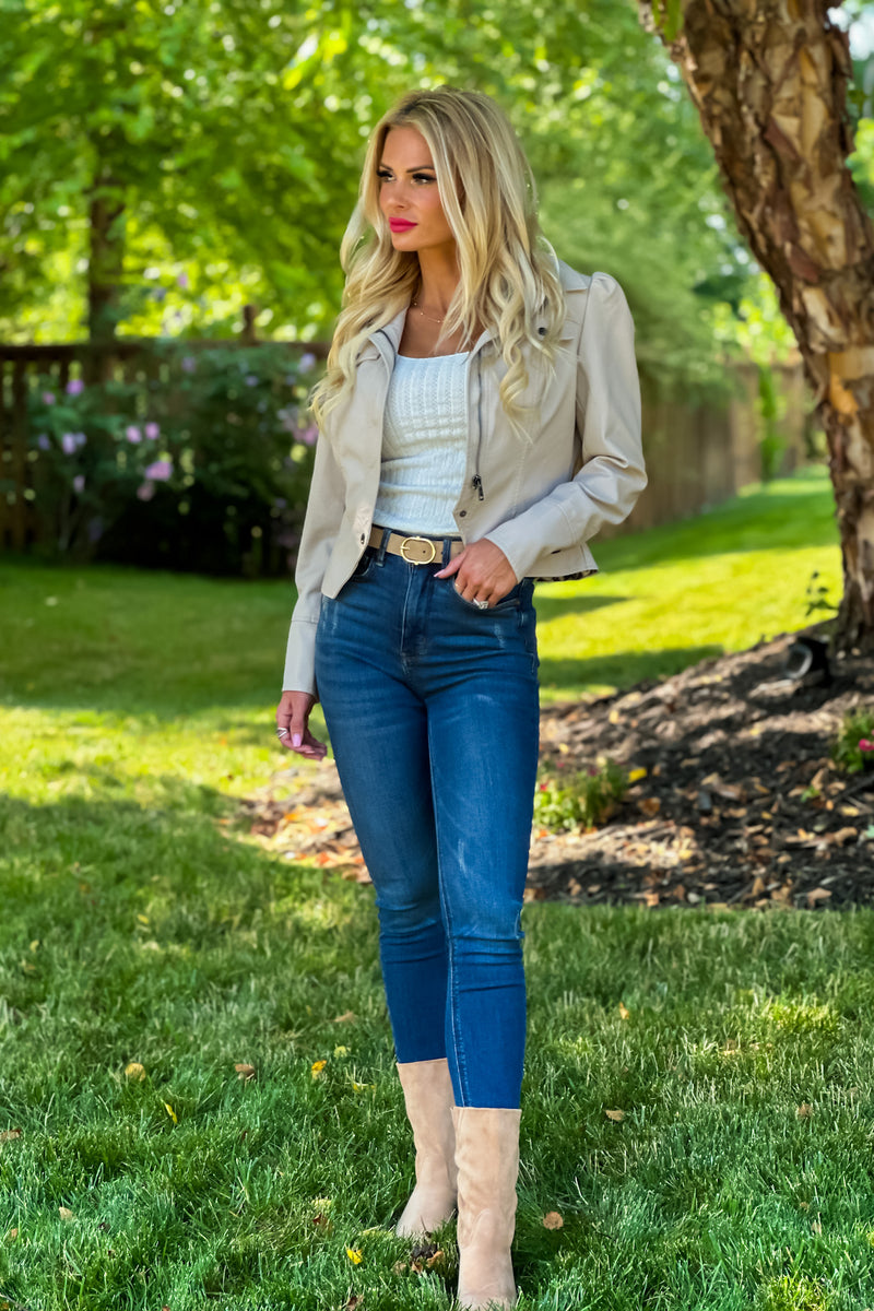 Hit The Town Faux Leather Puff Sleeve Jacket : Light Taupe